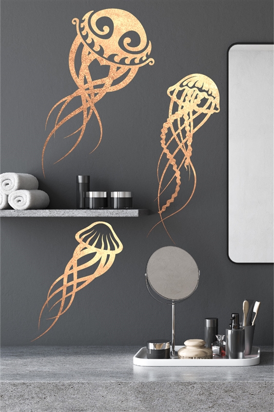 Jellyfish Abstract Wall Decal - Aquatic Sea Creatures - Stylish Sea Animals - Vinyl Ocean Sticker - Gold Metallic - Silver Metallic - 5 Sizes - 32 Colors