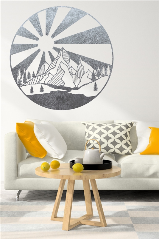 Mountain Sunrise Glory Wall Decal - Pop Art Mountain Vista - Symmetrical Wall Sticker - Gold Metallic - Silver Metallic - 5 Sizes