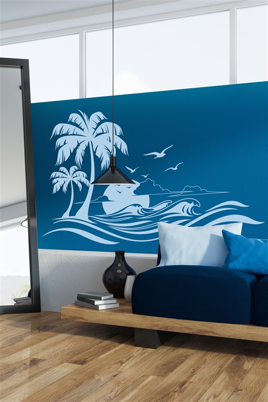 Tropical Island Sunset - Hawaiian Trees and Waves - Wall Decals - 32 Colors
