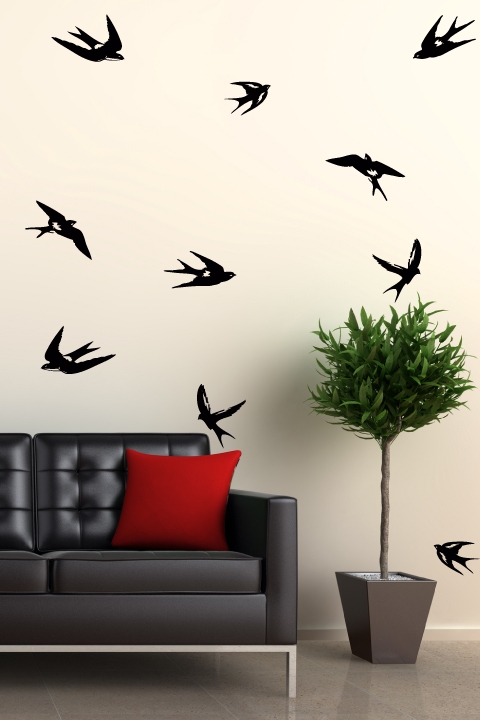 Flying Bird Silhouette, 10-pack Wall Decals, 32 colors