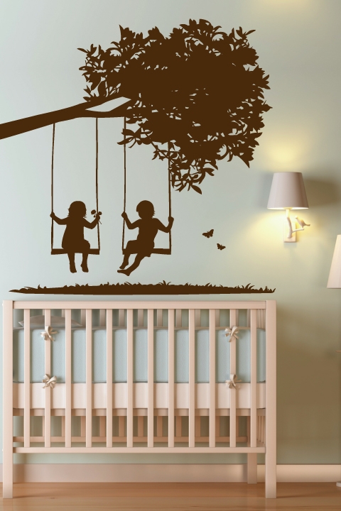 Kids On Tree Swings Nursery & Kids Wall Decal, 32 colors, 6 sizes