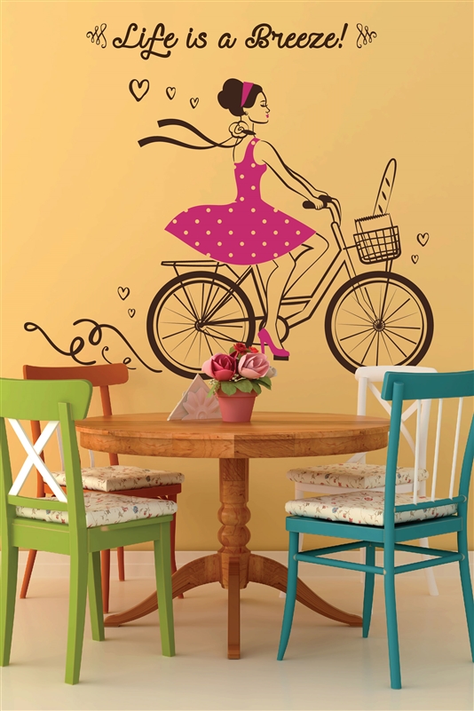 Girl In Dress On Bike, Life Is A Breeze Wall Decal
